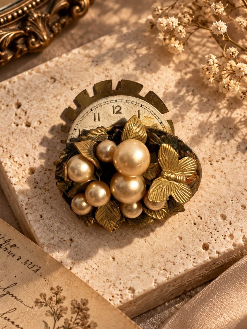 Vintage Steampunk Faux Pearl & Butterfly Watch Face Brooch Pin